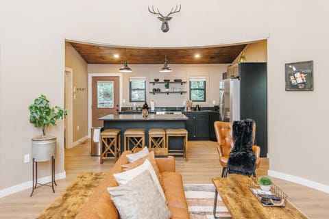 Cook breakfast in a modern cabin kitchen with stainless steel appliances, then sip coffee at the island while planning your next Red River Gorge adventure. This open-concept living room blends comfort and style so everyone can stay connected.