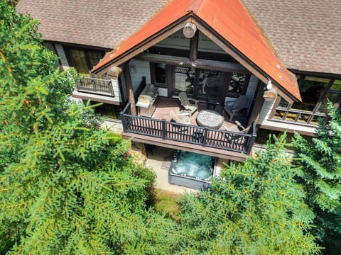 Aerial View of Patio and Lower Deck with Large Hot Tub