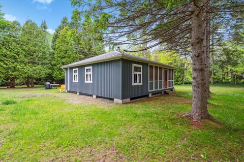 Chief’s Cottage sits quietly in a lush clearing, surrounded by towering evergreens. The navy-blue wood siding and white-trimmed windows give it a nostalgic, storybook feel. Step into a space where simplicity and nature meet.