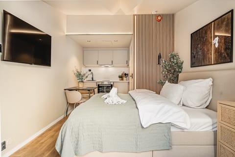 Comfortable double bed, soft lighting, and a mounted TV for a restful and cozy evening.