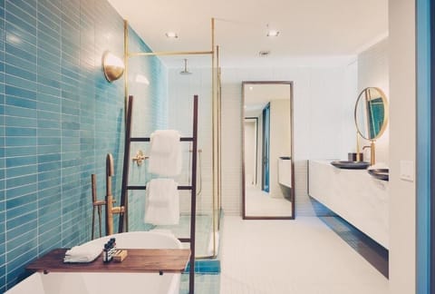 Start your day with bright mirrors and plenty of counter space.