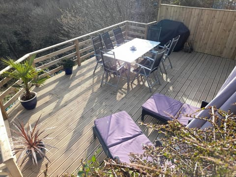 Decked area with fence around, table and chairs, sun loungers and plant pots