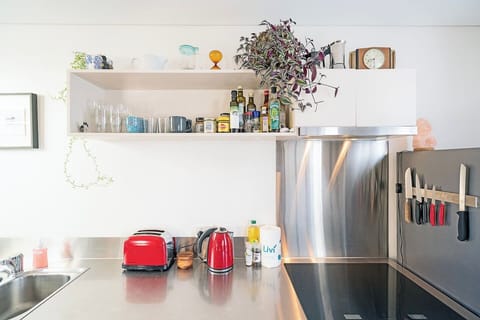 Open shelving and a stainless steel bench make the kitchen both tidy and functional, stocked with everyday essentials like oils, spices, and glassware.