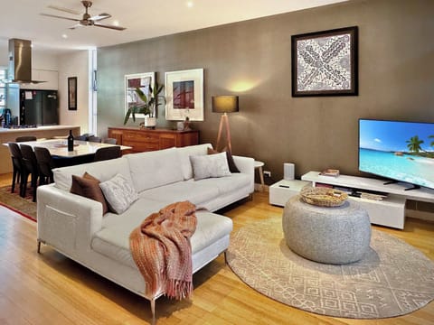 Modular leather lounge in open plan living dining room
