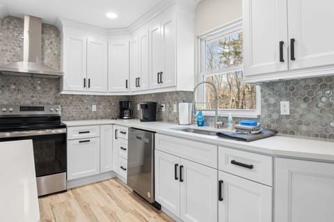Natural light floods through the kitchen window overlooking the trees