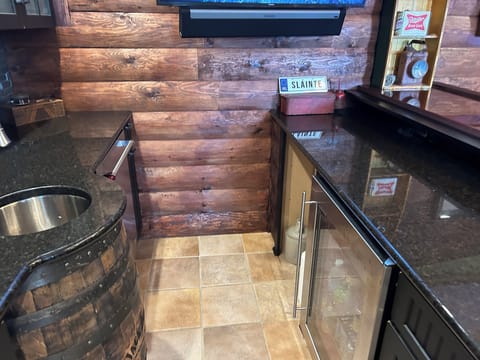 Arcade bar. Sink, wine refrig., dishwasher, microwave, TV, +