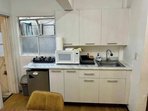 Cocina (estufa eléctrica, microondas, tarja, alacena, mini refrigerador, bote de basura)