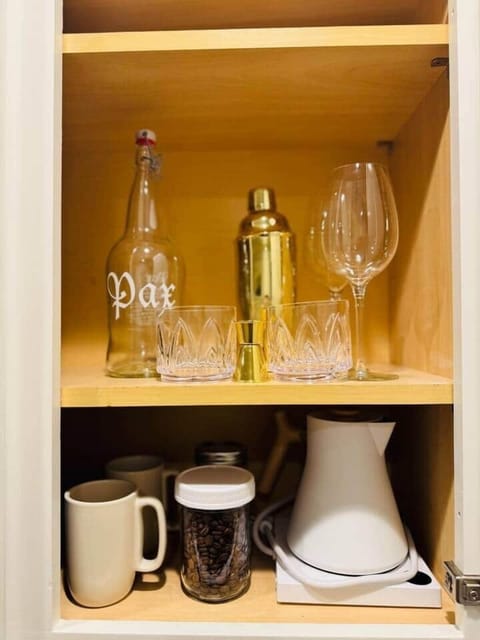 Electric Hot water heater for French Press Coffee or Tea. Local Retrograde Whole Coffee Beans and grinder. Heath Ceramics Coffee/Tea Mugs.