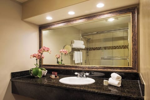 Refresh at the sleek granite vanity with bright, spa-like lighting.