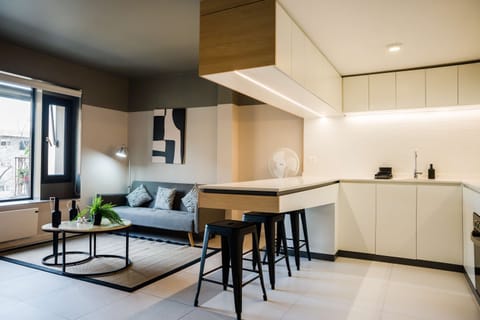 Experience modern comfort in this stylish studio with a sleek kitchen, cozy sofa, and abundant natural light.