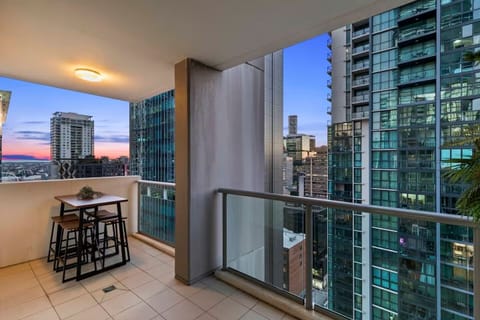 Balcony with city views.