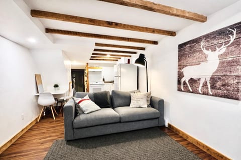 Salon : poutres apparentes et décor moderne pour un espace lumineux et accueillant, idéal pour se détendre et partager des moments conviviaux.