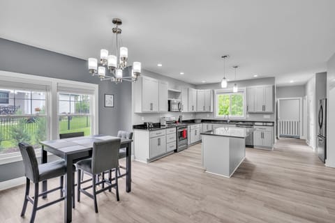 Indoors, Kitchen, Kitchen Island, Chandelier, Lamp