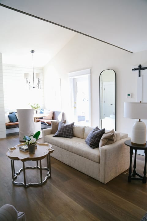 Gather in the airy living room for relaxed conversation.