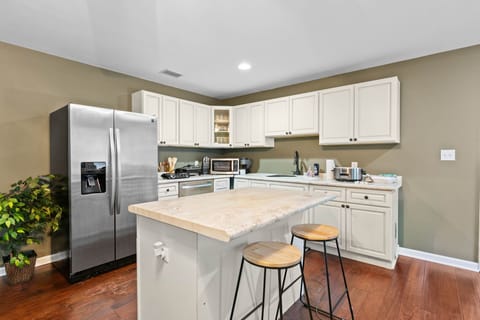 Coffee maker, skillet, fridge, enjoy!