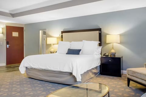 Relax under warm bedside lamps in a quiet, comfortable retreat.
