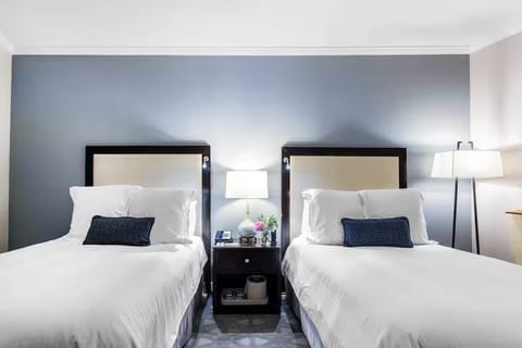 Unwind between crisp linens and soft bedside lighting.