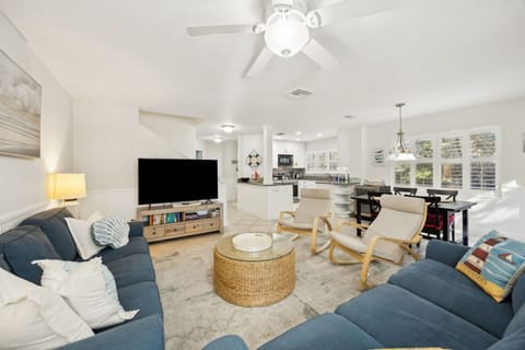 Large Living room with 65" TV, Open kitchen (fully-stocked) with Stainless appliances