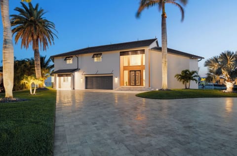 Exterior Paradise: Stunning architecture illuminated by palm trees