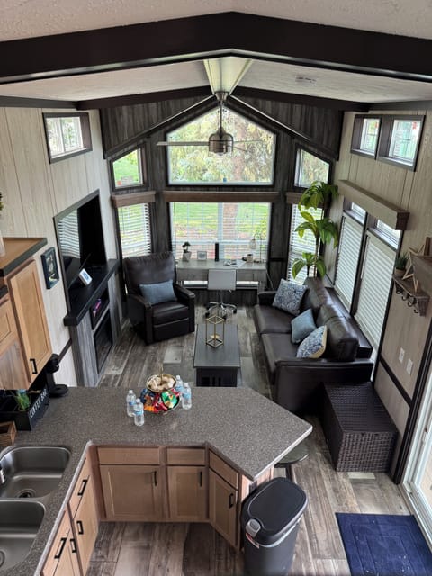 Aerial perspective of the kitchen and living space, designed for easy living and gathering.