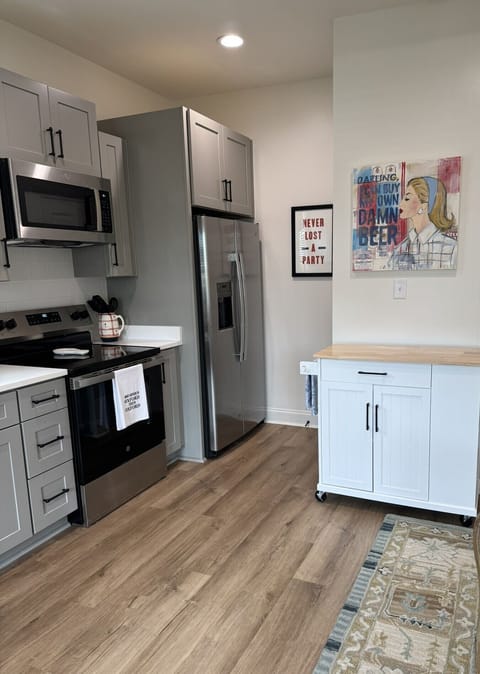 All cooking necessities are stocked in the Kitchen.