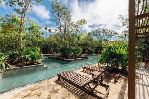 La alberca estilo cenote se integra armónicamente con la vegetación tropical, creando un entorno natural y privado. Cuenta con camastros de madera, áreas de sombra y espacios ideales para relajarse rodeado del sonido de la naturaleza.