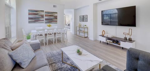 Bright and spacious, this open-concept living and dining area is ideal for movie nights, games, or shared meals. Relax here after a day exploring Austin’s trails or downtown attractions.