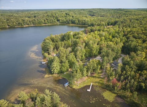 Aerial view looking east over Corner Lake — with boat launch nearby.