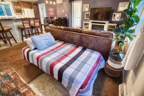 Futon set up for sleeping.