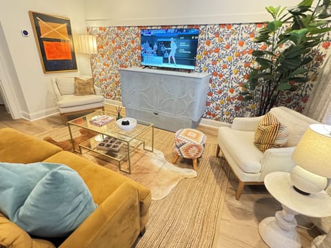 Living area, blue cabinet pulls out to Queen bed