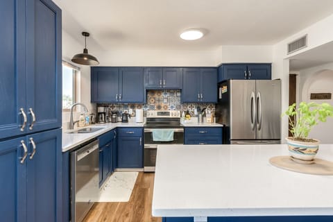 We have a waffle iron, kettle, toaster, blender, mixer, and food processor.