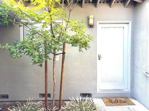 private entrance with crepe myrtle tree