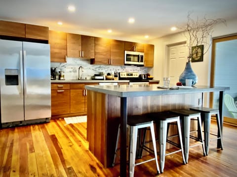 Fully equipped modern kitchen with concrete counter tops and island 