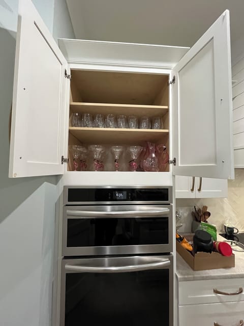 Gourmet Appliances in Kitchen, Microwave on top of Oven, Fun Adult Beverage Drink Ware