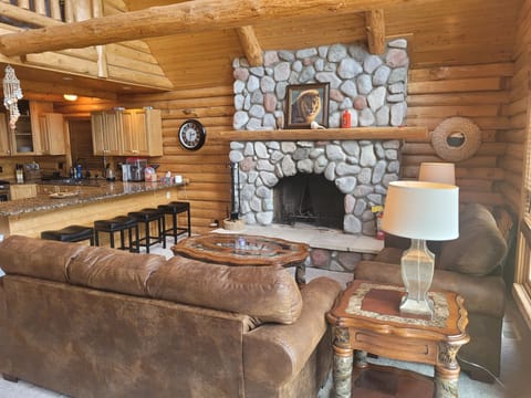 LIVING ROOM: The cute and cozy living room with an extravagant fireplace