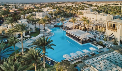 Take in the expansive pool scene framed by palms and cabanas.