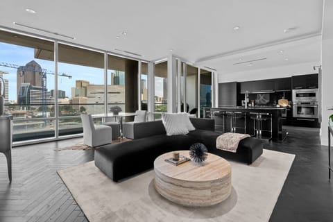 LR/DR/Kitchen with views of downtown Dallas