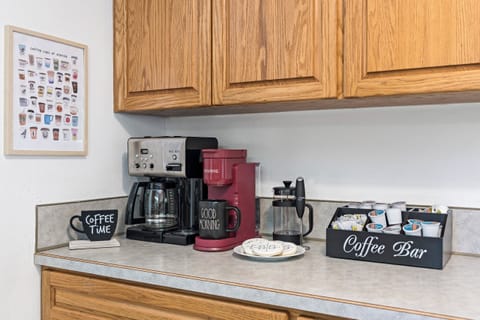 Start your mornings with our fully stocked coffee bar—perfect for the ideal cup!