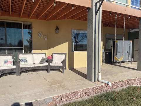Patio with picnic tables and patio furniture