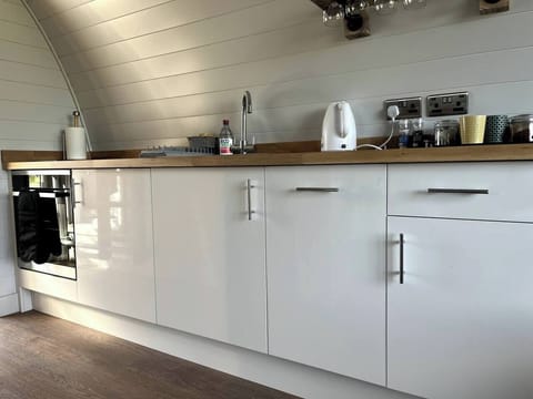 Efficient kitchen with cooker, 2 ring hob, and fridge