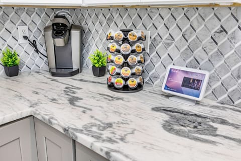 Fully stocked coffee bar with Keurig and pods ready to enjoy