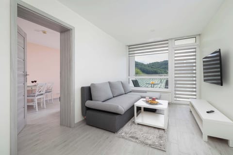 Bright bedroom with a comfortable sofa bed, TV and access to balcony.
