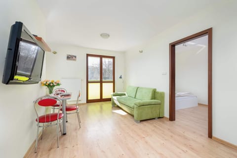 Spacious living room with a sofa bed, TV, dining area and exit to balcony.