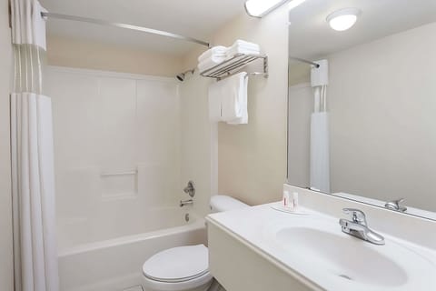 Bathroom with a shower and tub. Basic toiletries and towels are provided