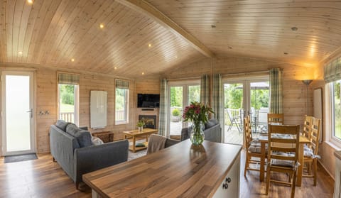 Open plan dining and living room with TV and electric log burner