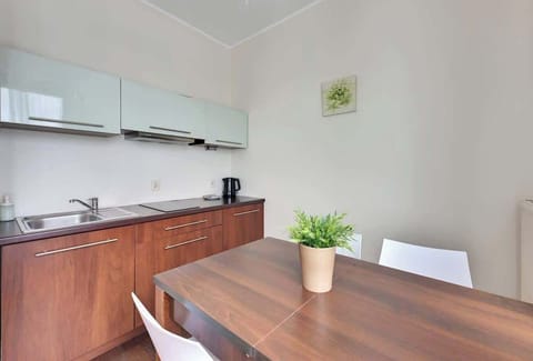 A modern kitchen with light wooden cabinets, a neutral-colored countertop, and a small green plant that adds a touch of freshness to the functional space.