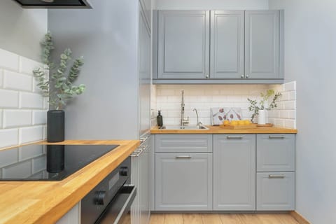 Another angle of the kitchen, emphasizing built-in appliances and storage.