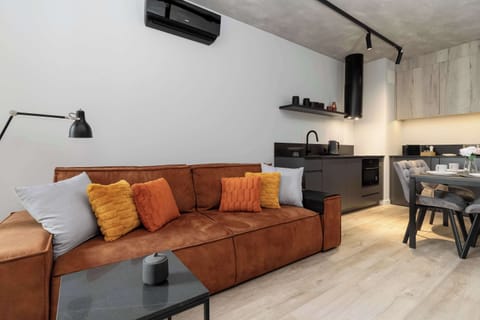 Air-conditioned living area combined with a modern kitchenette creates a functional space.