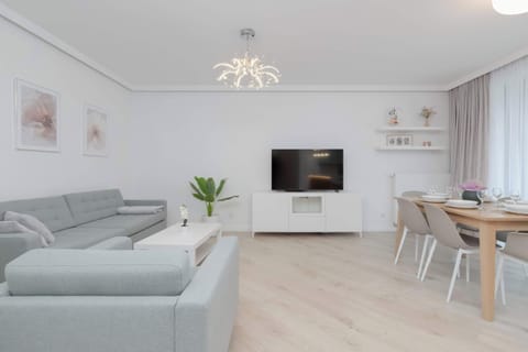 A bright living room with a fold-out sofa bed, a coffee table, and modern touches.