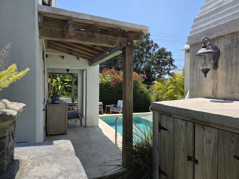 Serene Poolside Patio View. 